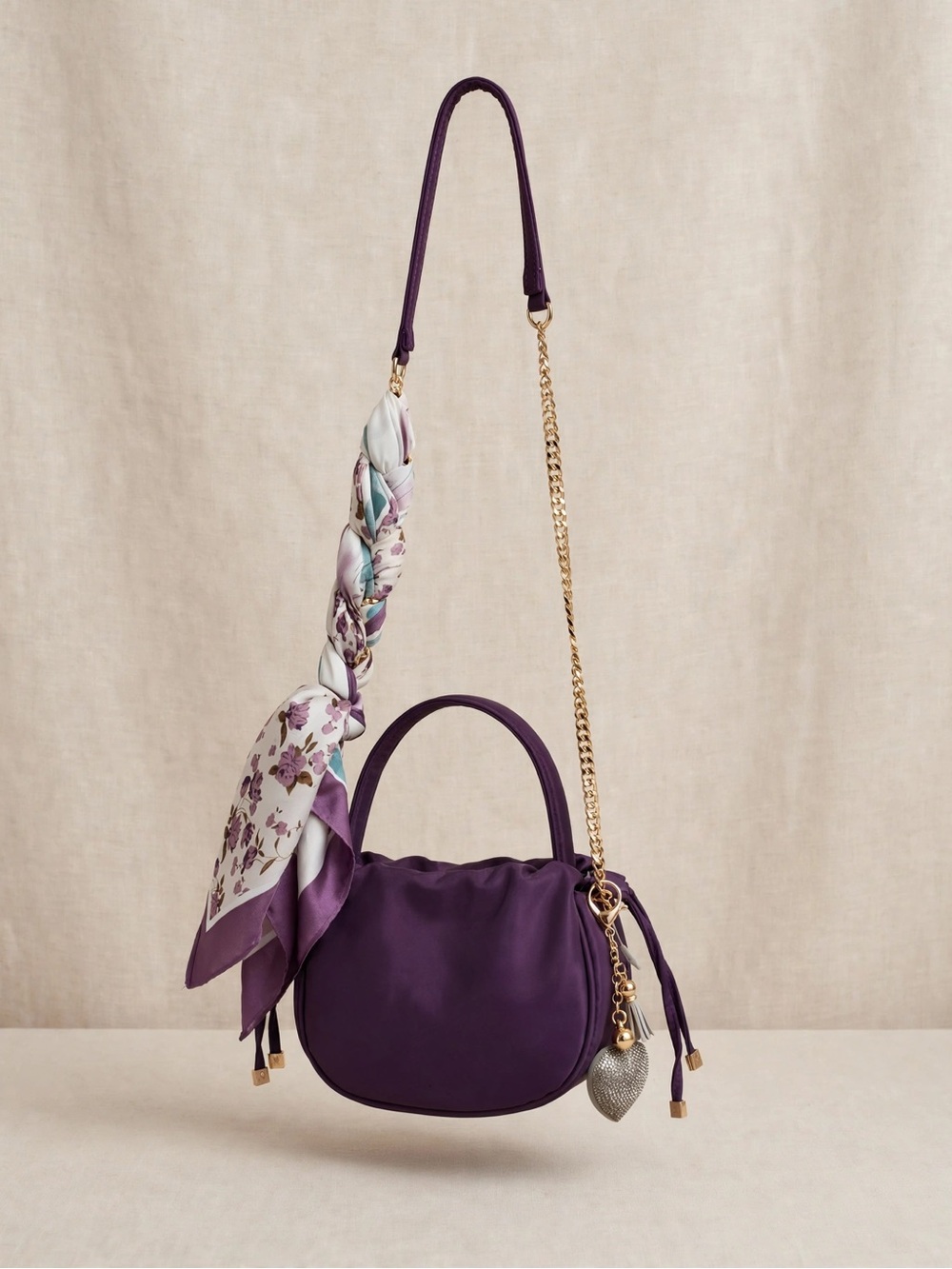 Plum Purple Mini Shoulder Bag with Scarf Accent